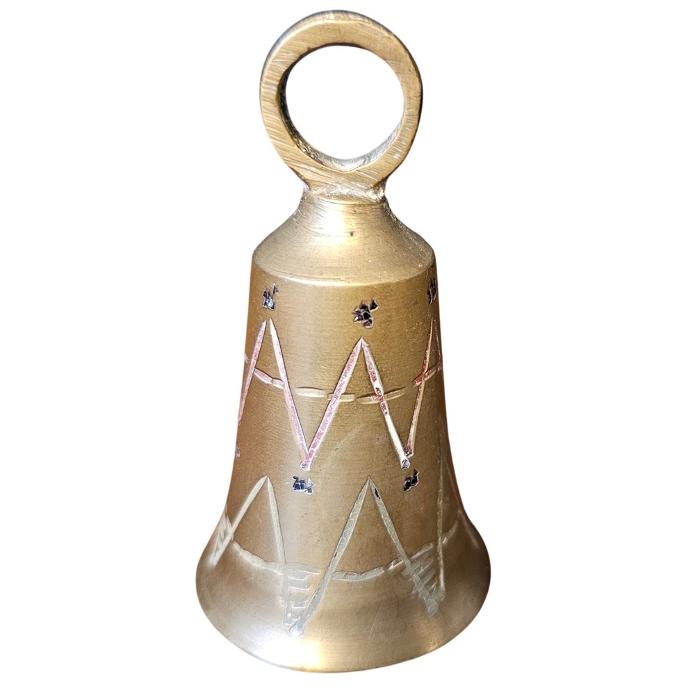 Vintage S.S. Sarna Inc Brass Bell India Etched Geometric Pattern 2.75 Inch